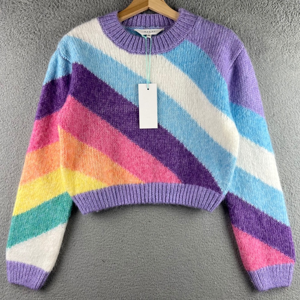 New Tilii Girls Size 16 Rainbow Diagonal Stripe Cropped Knit Sweater